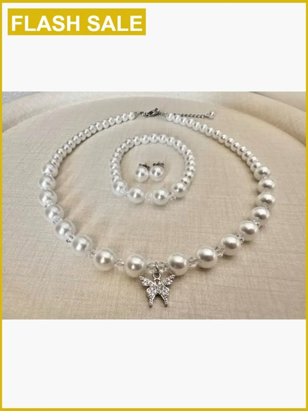 8mm Faux Crystal Glass Imitation Pearls Necklace Bracelet Earring Set with